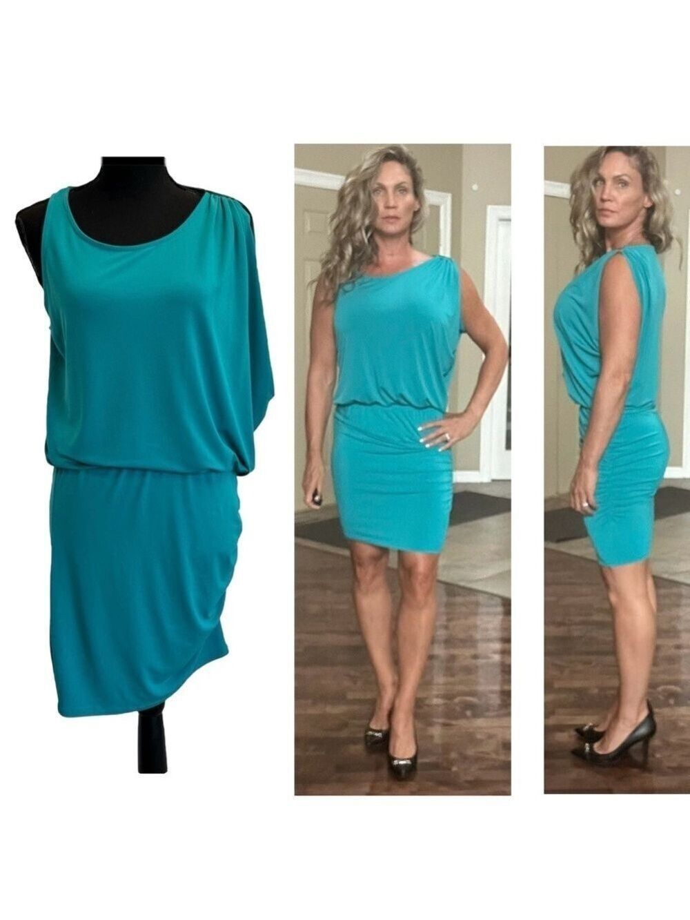 Michael Michael Kors turquoise blue asymmetrical web sleeve draped mini dress S